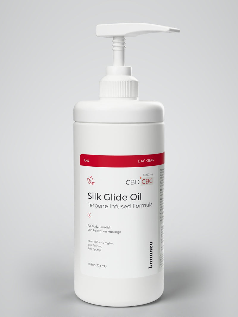 Kannaco Silk Glide Oil Terpene Infused Formula 16 oz backbar jar with the pump fitted