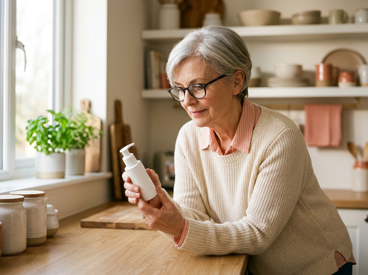 A woman at her kitchen counter reading the label on a Kannaco bottle