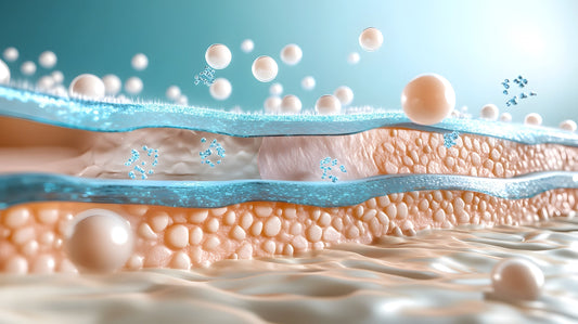 3D cross-section of skin layers showing CBD and CBG molecules penetrating the epidermis and dermis with carrier systems for enhanced absorption