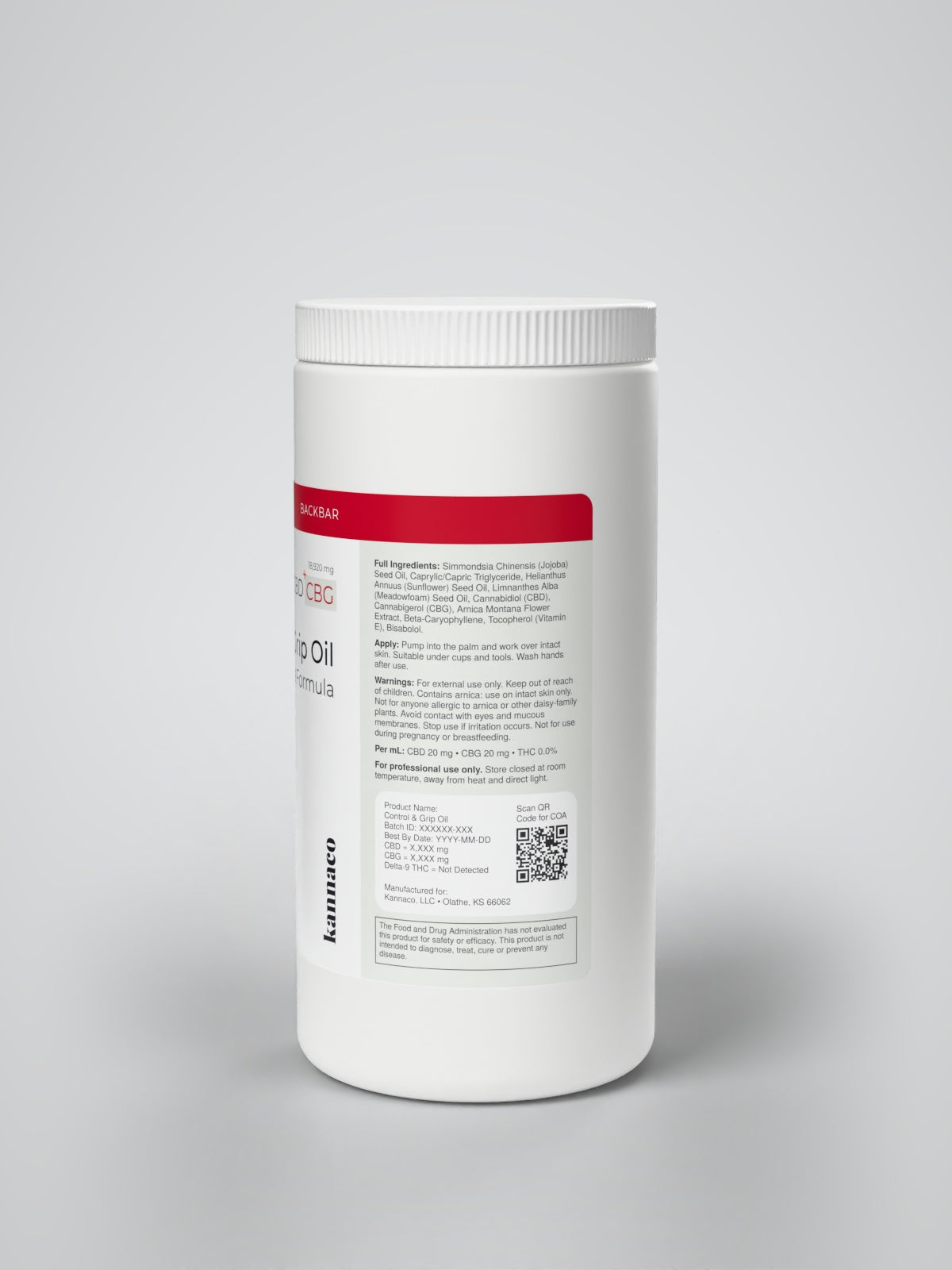 Kannaco Control & Grip Oil Jojoba + Arnica Formula 16 oz backbar jar, information panel