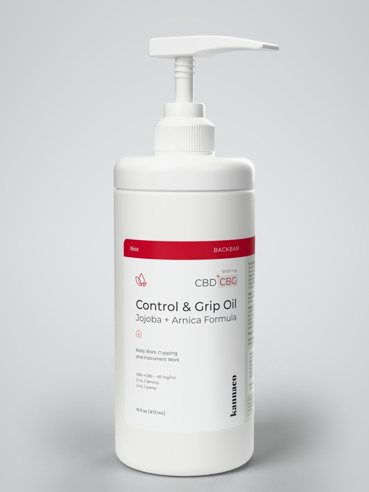 Kannaco Control & Grip Oil Jojoba + Arnica Formula 16 oz backbar jar with the pump fitted