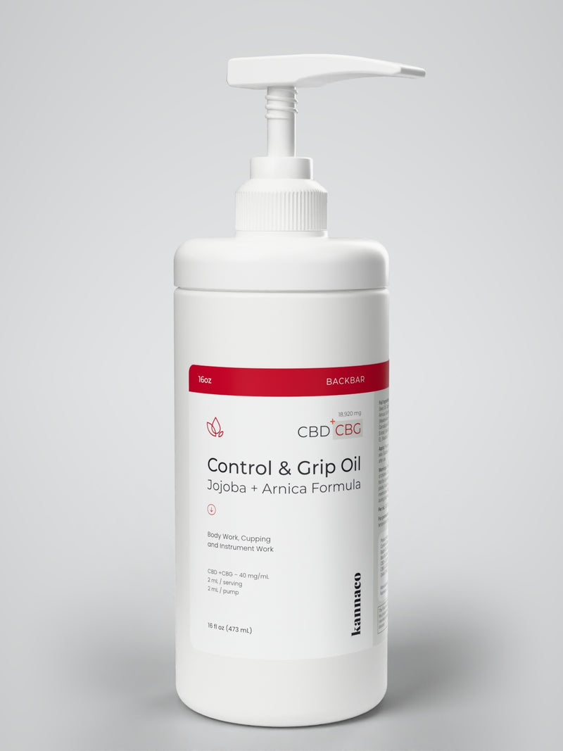 Kannaco Control & Grip Oil Jojoba + Arnica Formula 16 oz backbar jar with the pump fitted