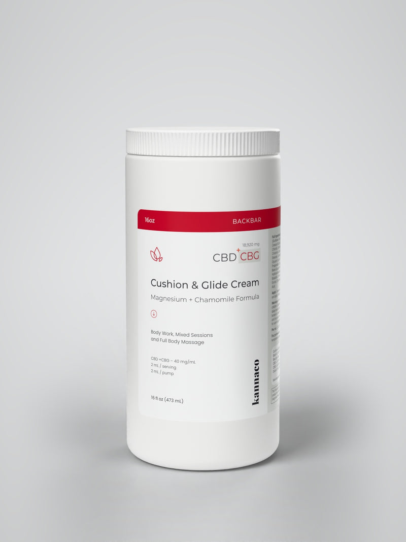 Kannaco Cushion & Glide Cream Magnesium + Chamomile Formula 16 oz backbar jar, front view with lid on