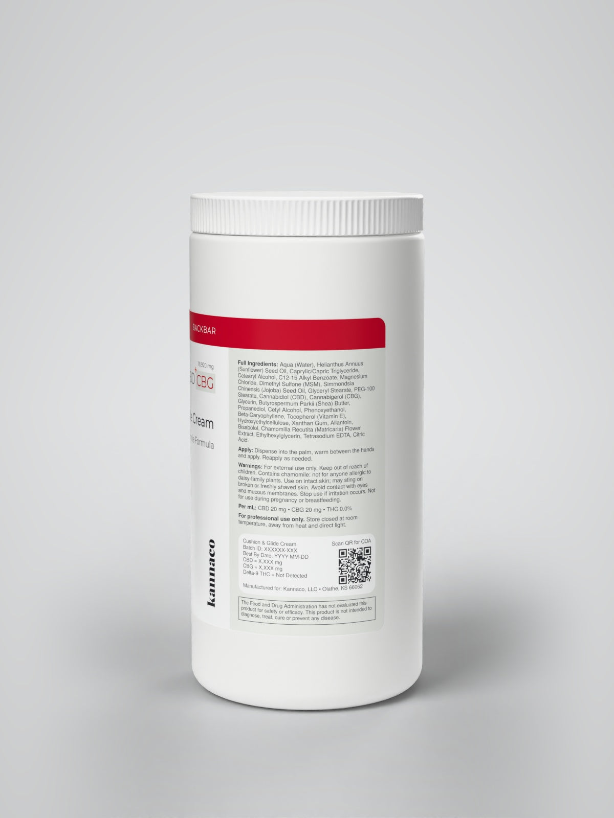 Kannaco Cushion & Glide Cream Magnesium + Chamomile Formula 16 oz backbar jar, information panel