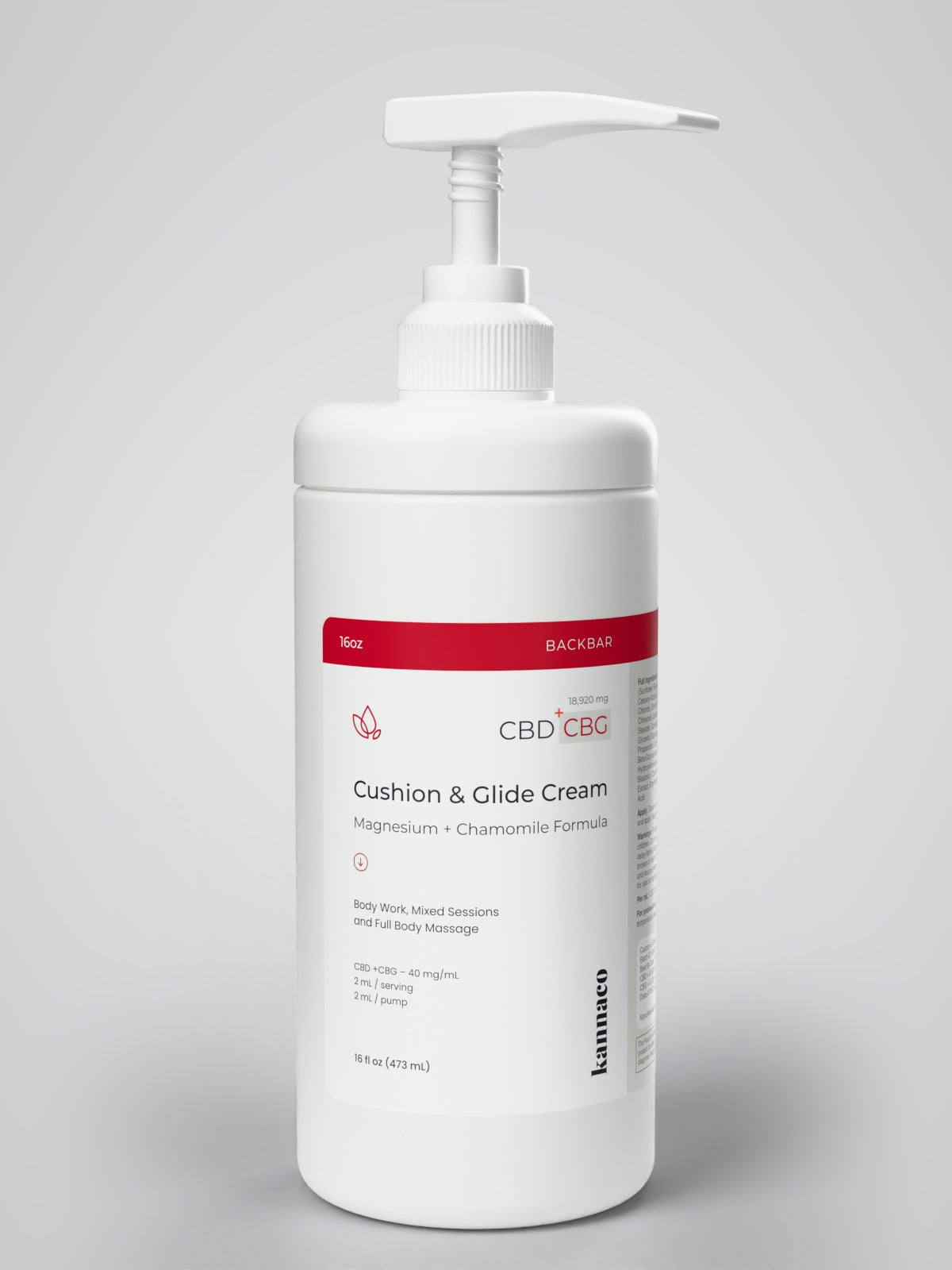 Kannaco Cushion & Glide Cream Magnesium + Chamomile Formula 16 oz backbar jar with the pump fitted