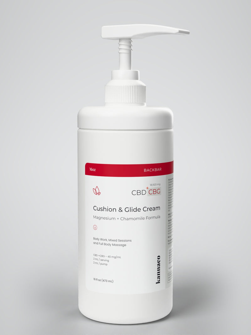 Kannaco Cushion & Glide Cream Magnesium + Chamomile Formula 16 oz backbar jar with the pump fitted