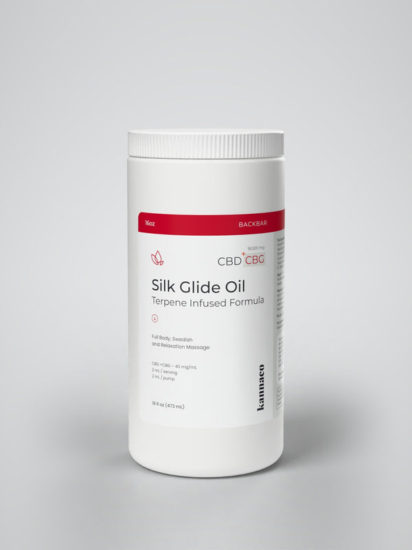 Kannaco Silk Glide Oil Terpene Infused Formula 16 oz backbar jar, front view with lid on