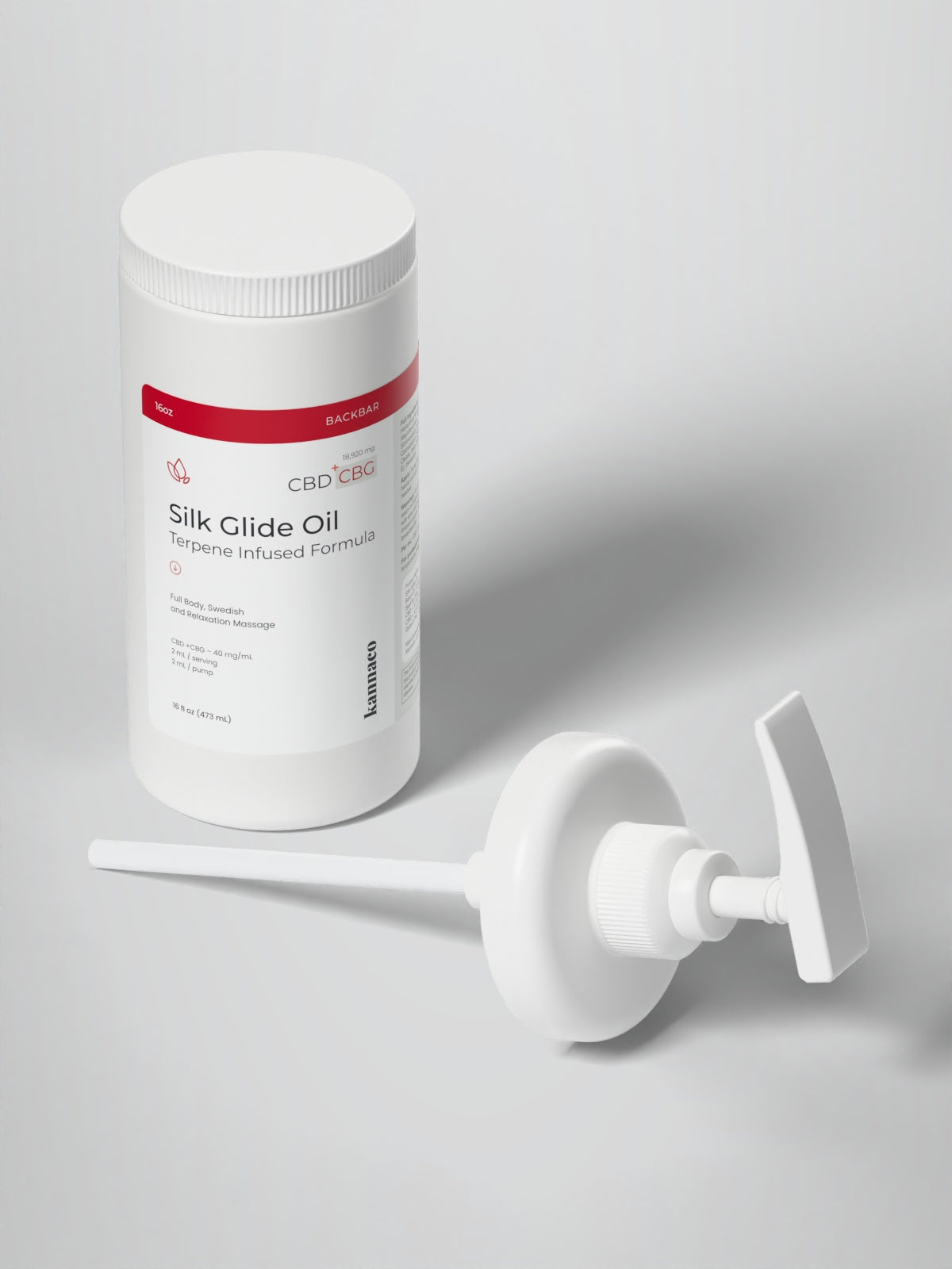 Kannaco Silk Glide Oil Terpene Infused Formula 16 oz backbar jar with lid on, next to the pump