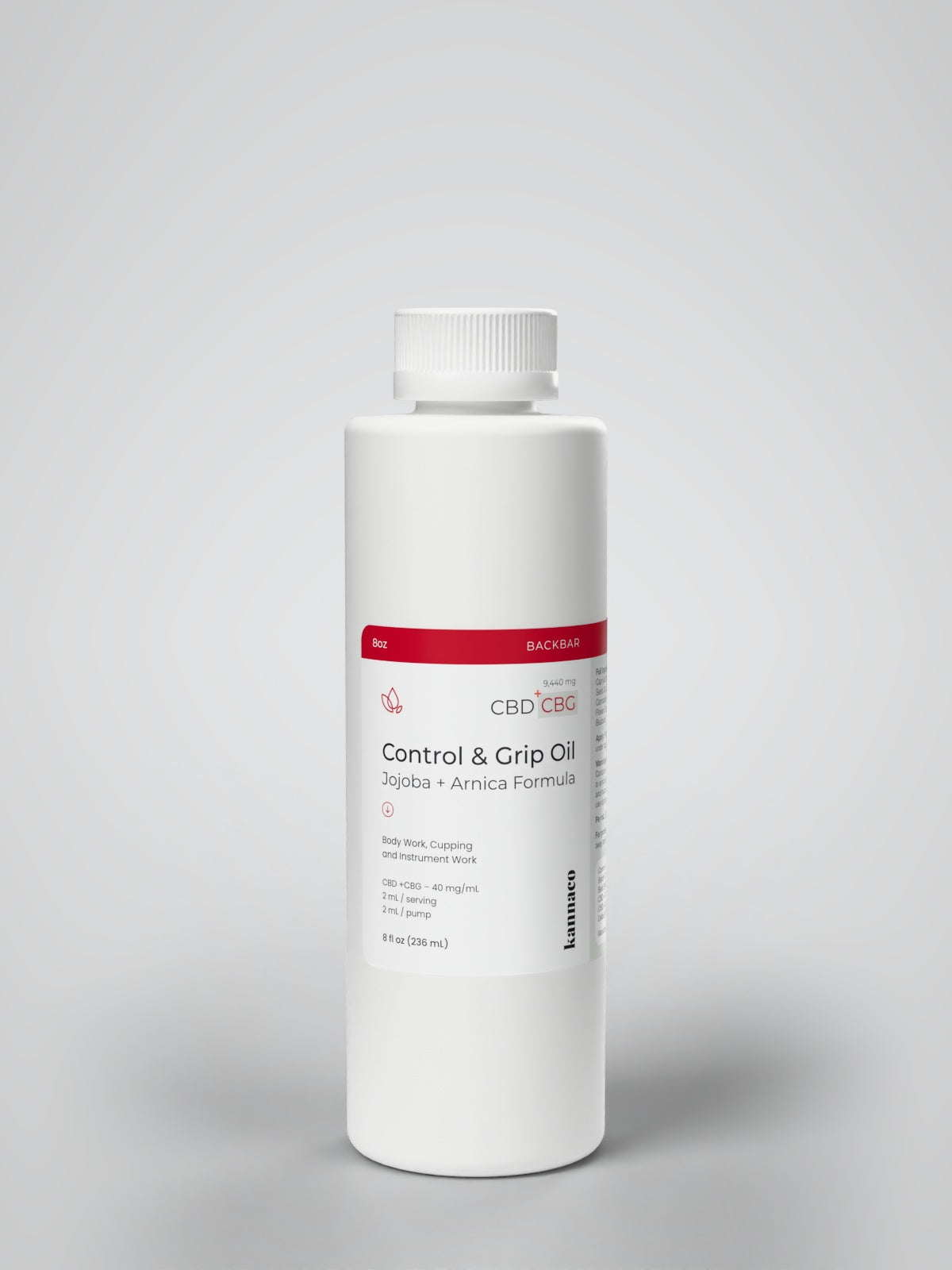 Kannaco Control & Grip Oil Jojoba + Arnica Formula 8 oz backbar bottle, front view with cap on