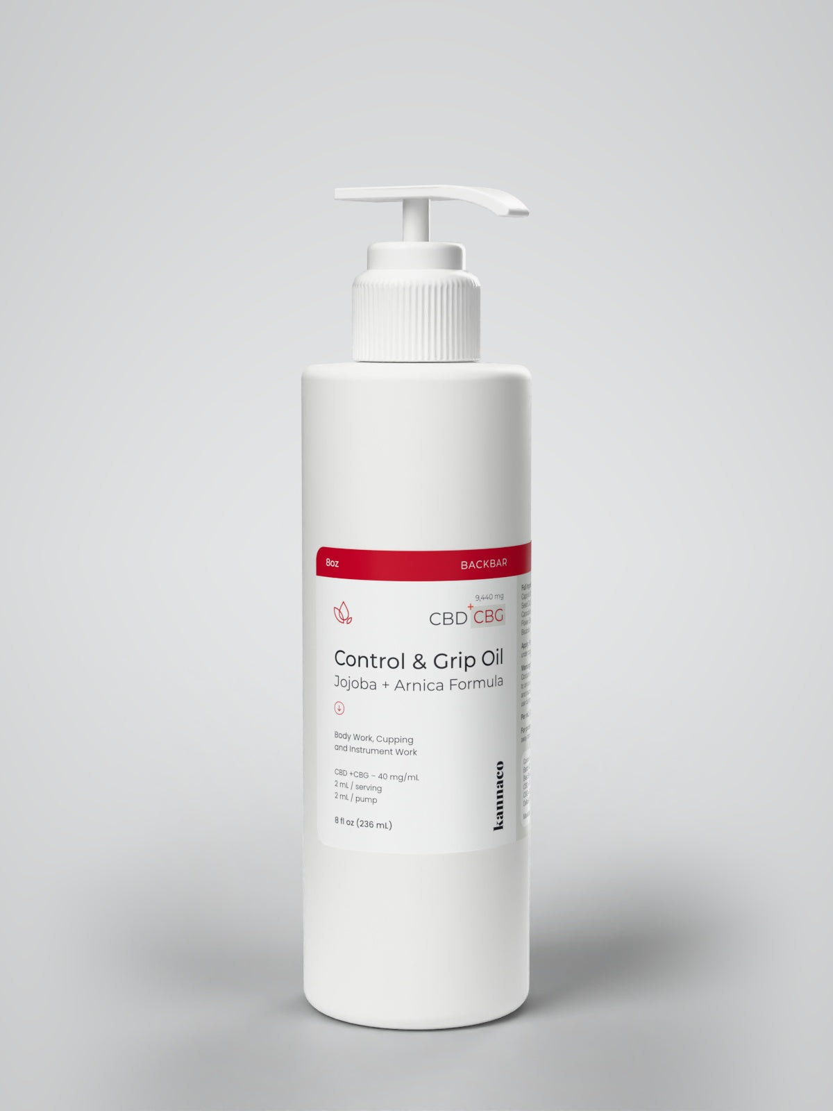 Kannaco Control & Grip Oil Jojoba + Arnica Formula 8 oz backbar bottle with pump locked down