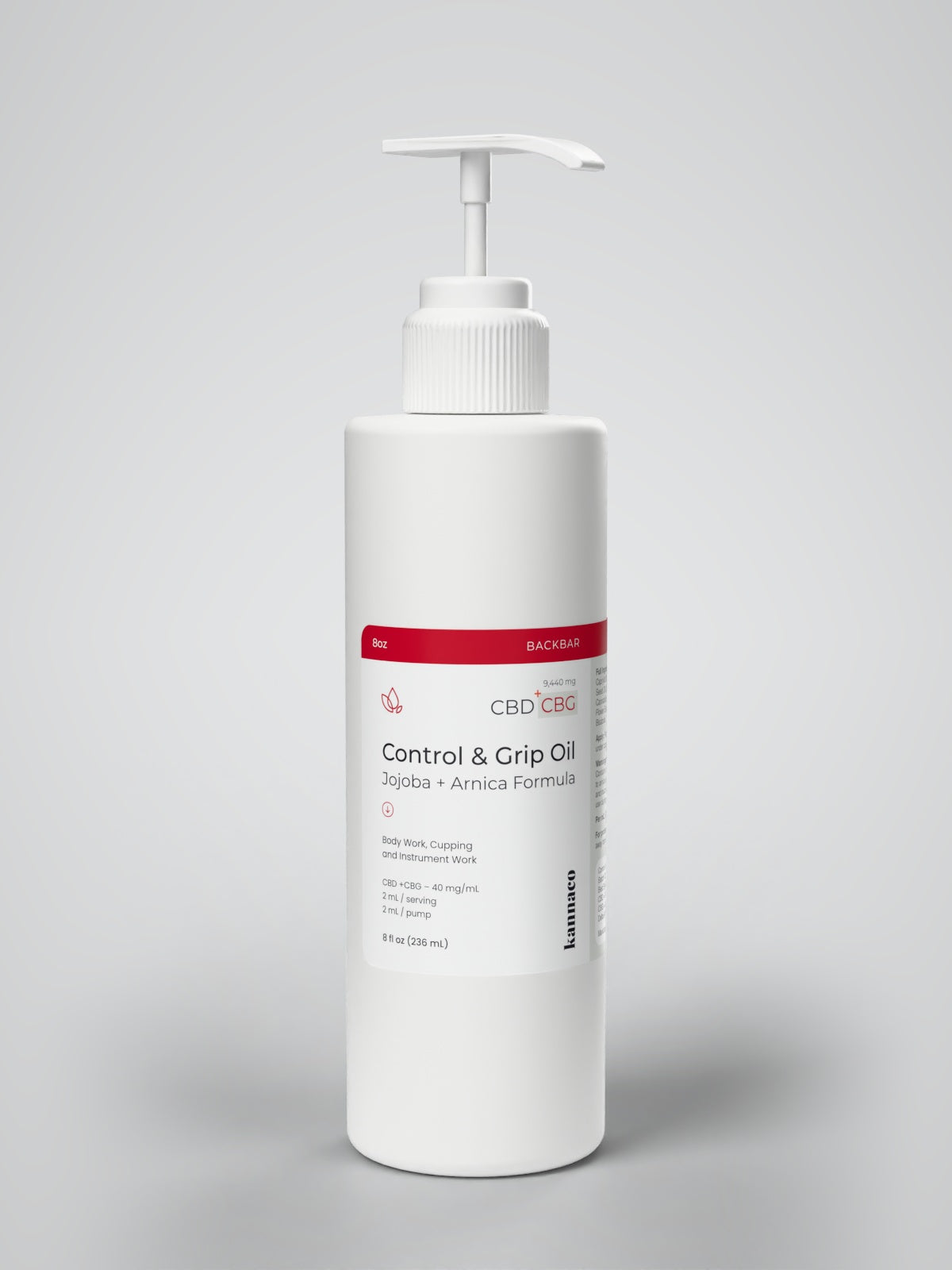 Kannaco Control & Grip Oil Jojoba + Arnica Formula 8 oz backbar bottle with pump up