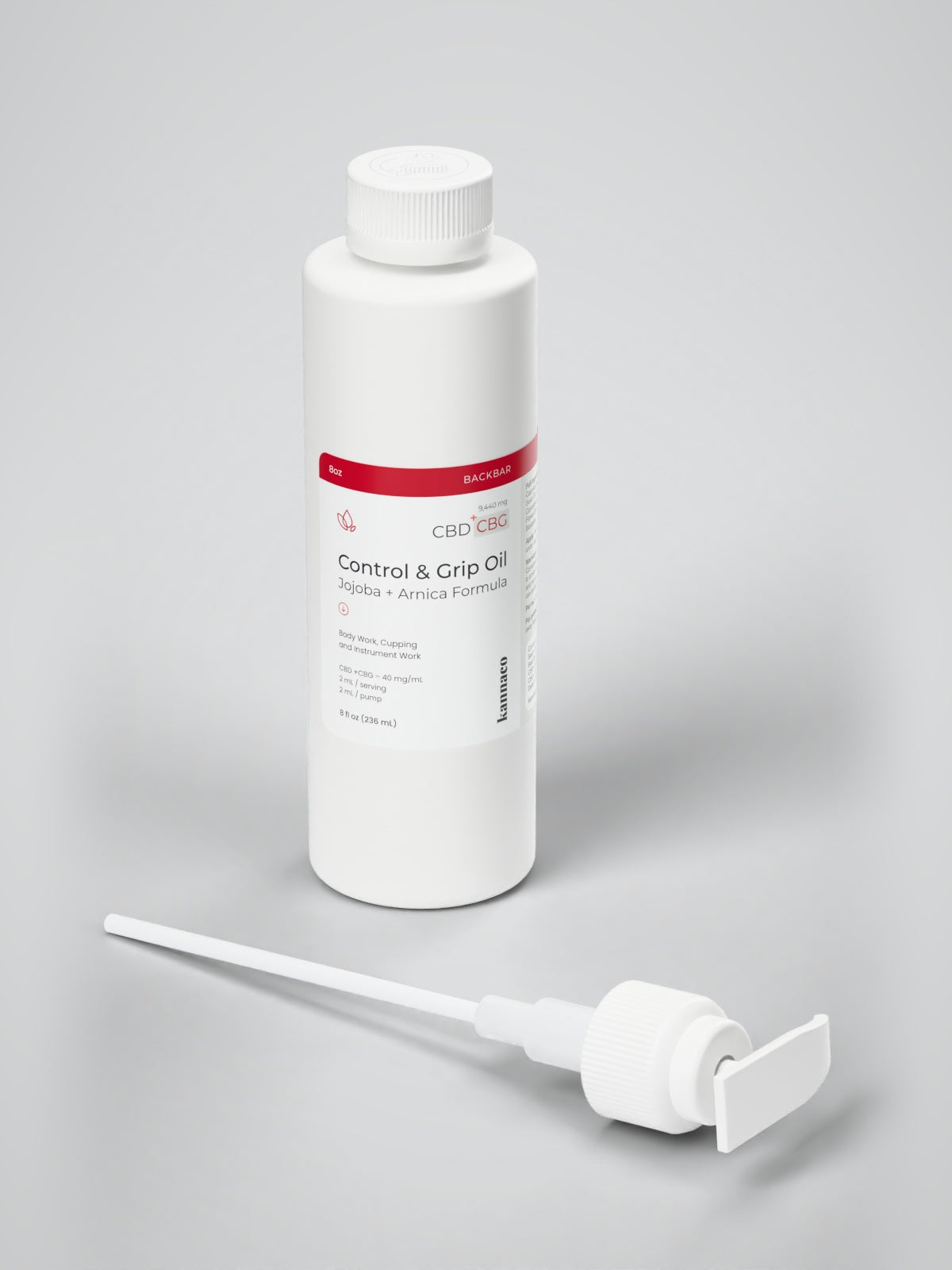 Kannaco Control & Grip Oil Jojoba + Arnica Formula 8 oz backbar bottle with cap on, next to the pump