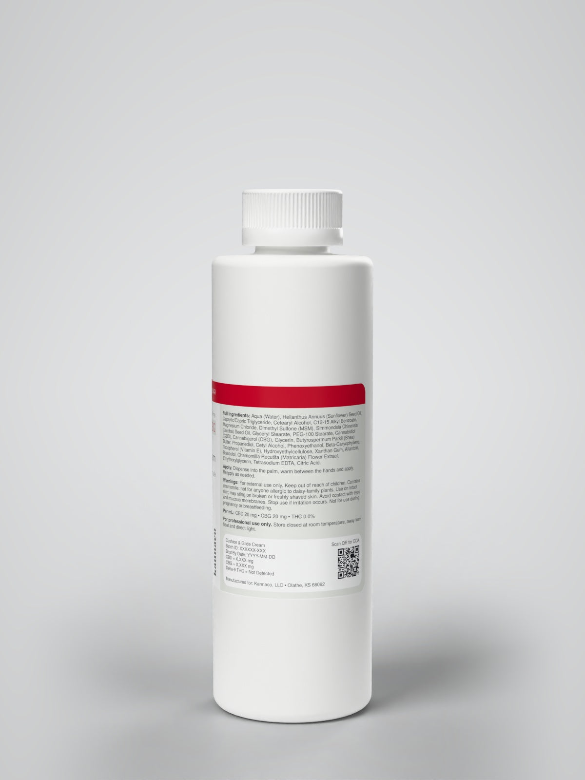 Kannaco Cushion & Glide Cream Magnesium + Chamomile Formula 8 oz backbar bottle, information panel