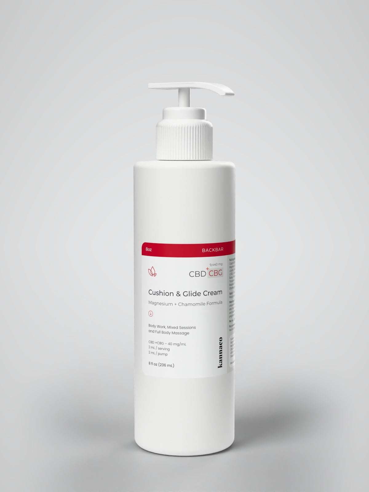 Kannaco Cushion & Glide Cream Magnesium + Chamomile Formula 8 oz backbar bottle with pump locked down