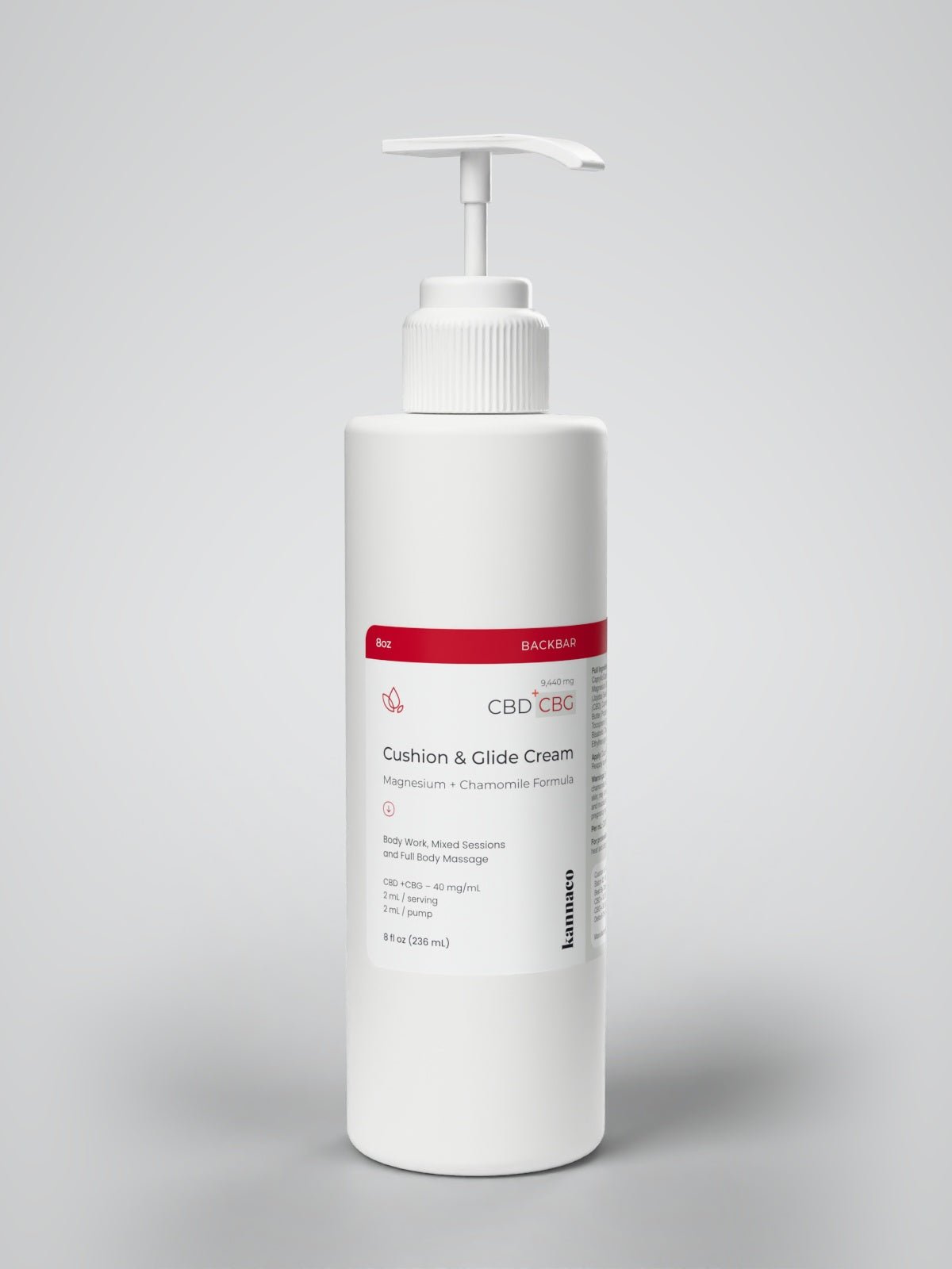 Kannaco Cushion & Glide Cream Magnesium + Chamomile Formula 8 oz backbar bottle with pump up