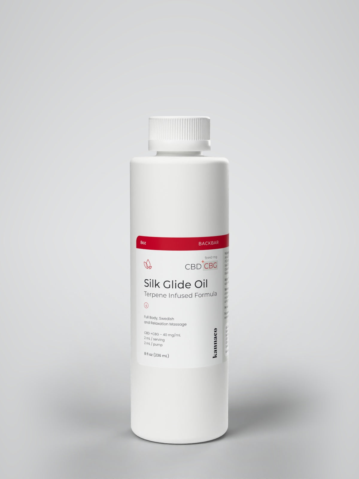 Kannaco Silk Glide Oil Terpene Infused Formula 8 oz backbar bottle, front view with cap on