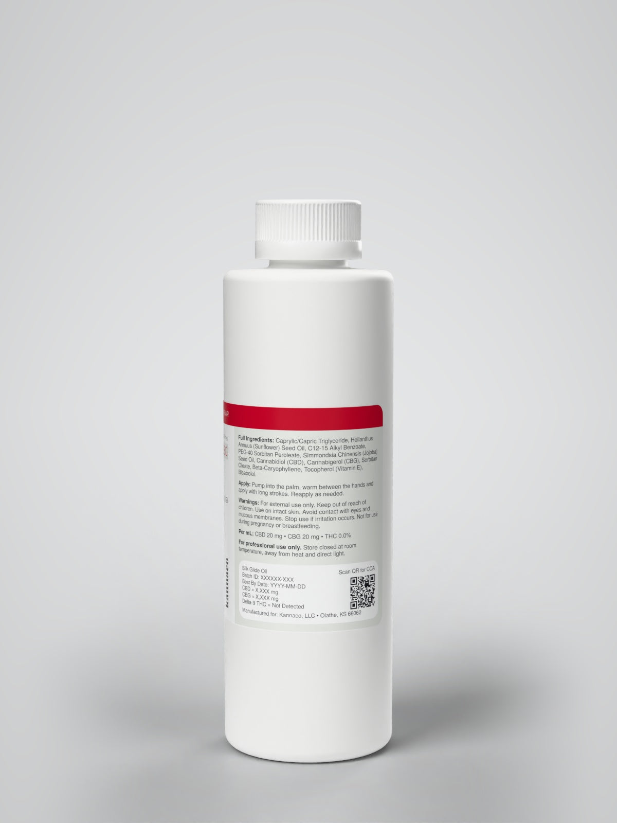 Kannaco Silk Glide Oil Terpene Infused Formula 8 oz backbar bottle, information panel