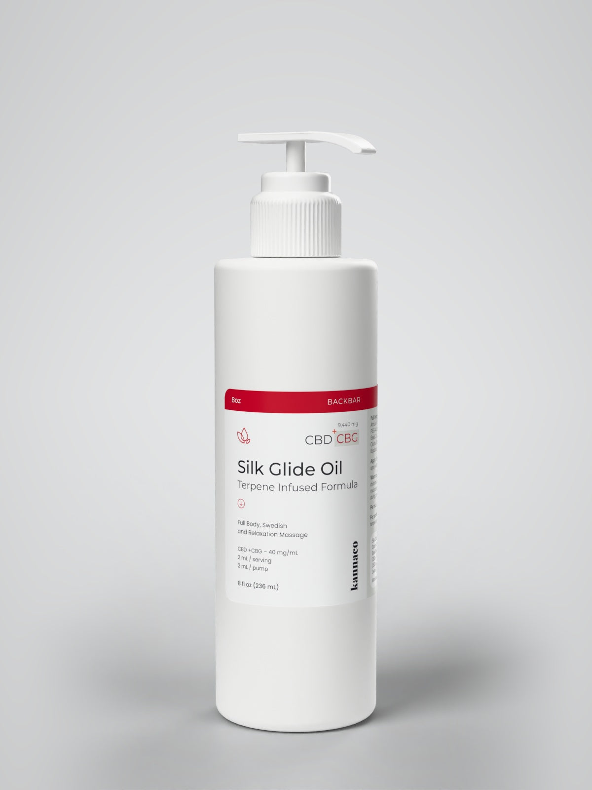 Kannaco Silk Glide Oil Terpene Infused Formula 8 oz backbar bottle with pump locked down