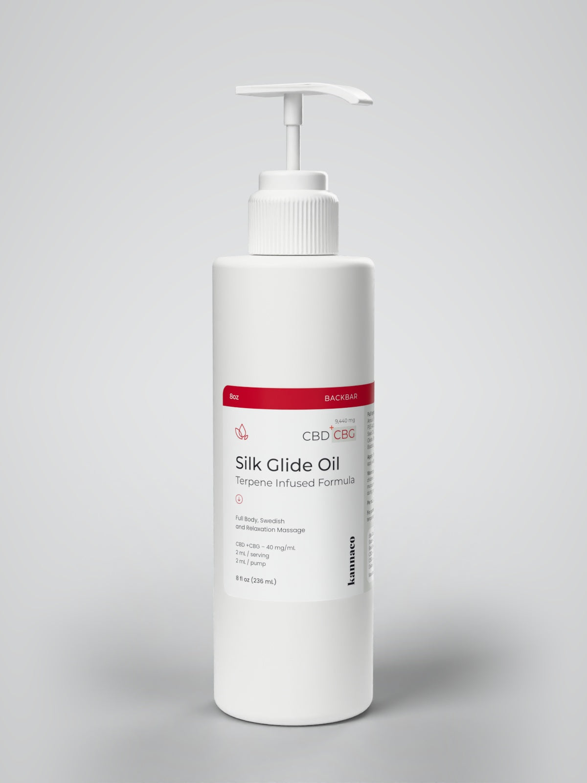 Kannaco Silk Glide Oil Terpene Infused Formula 8 oz backbar bottle with pump up