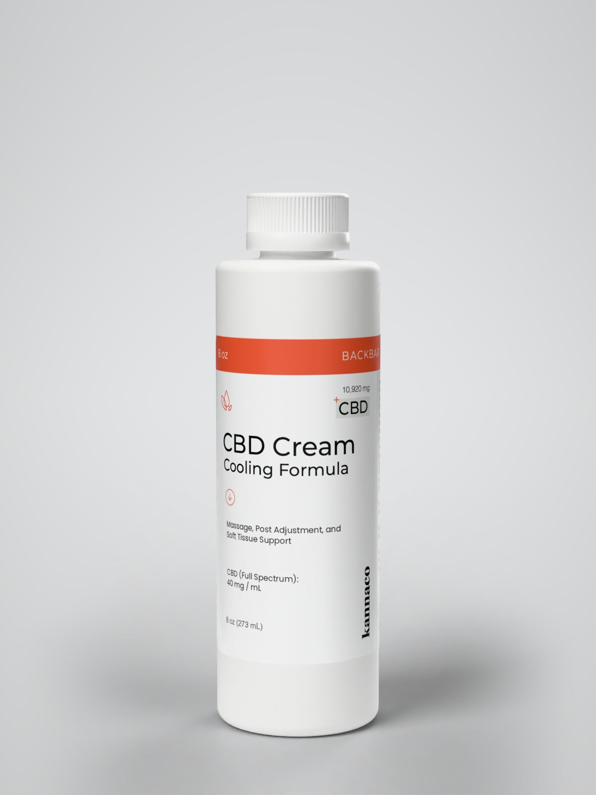 Kannaco CBD Cream Cooling Formula 8 oz backbar bottle, front view with cap on