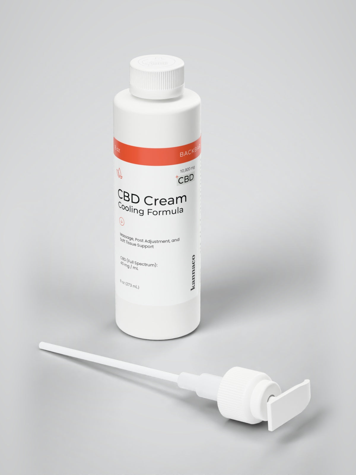 Kannaco CBD Cream Cooling Formula 8 oz backbar bottle with cap on and the pump beside it