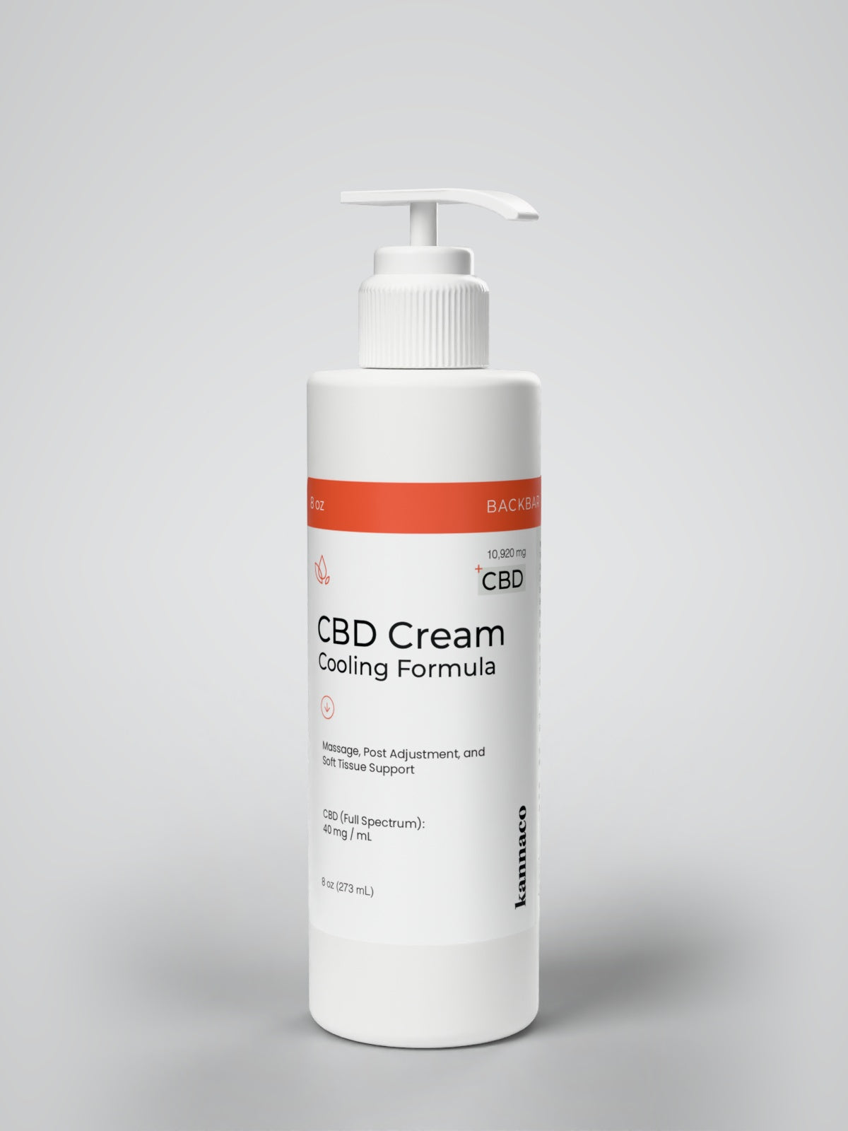 Kannaco CBD Cream Cooling Formula 8 oz backbar bottle with the pump fitted and locked down