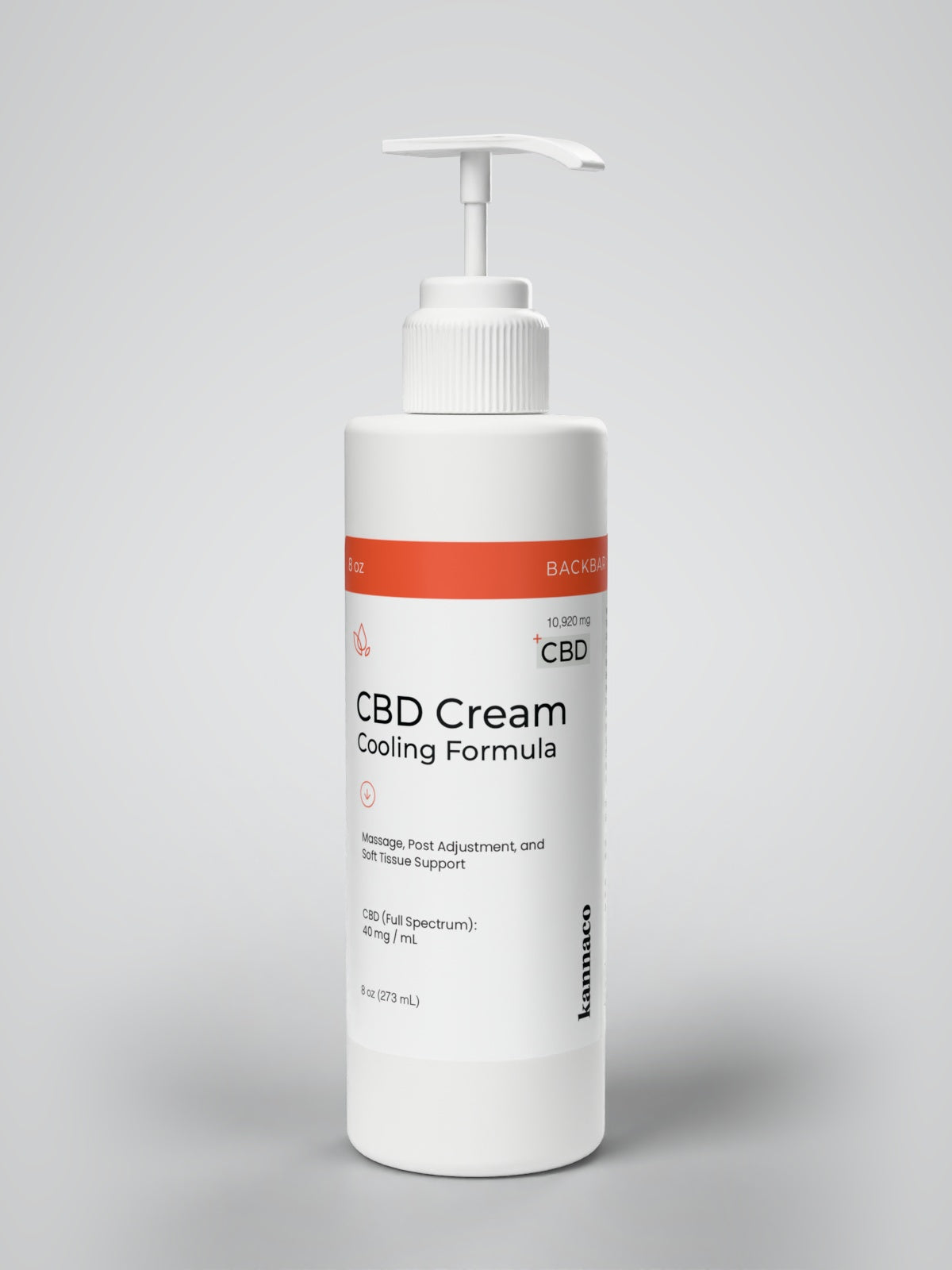 Kannaco CBD Cream Cooling Formula 8 oz backbar bottle with the pump fitted and raised