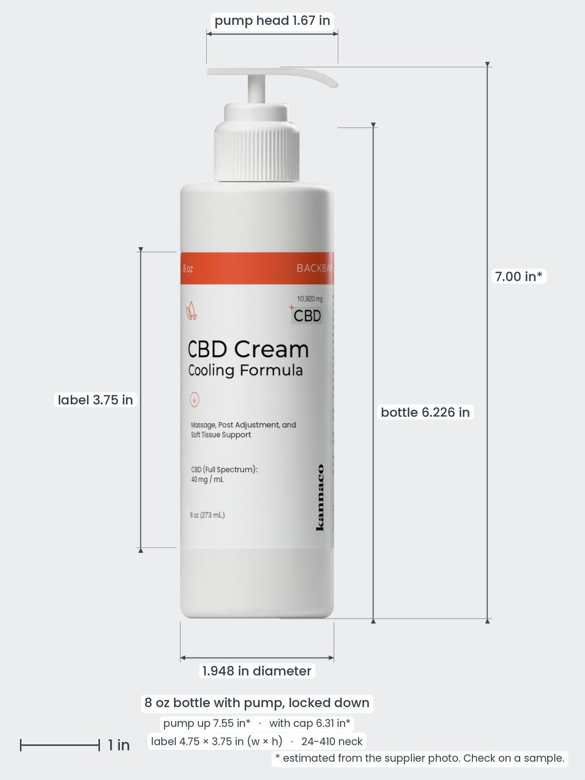 Kannaco CBD Cream Cooling Formula 8 oz backbar bottle with pump, dimensions