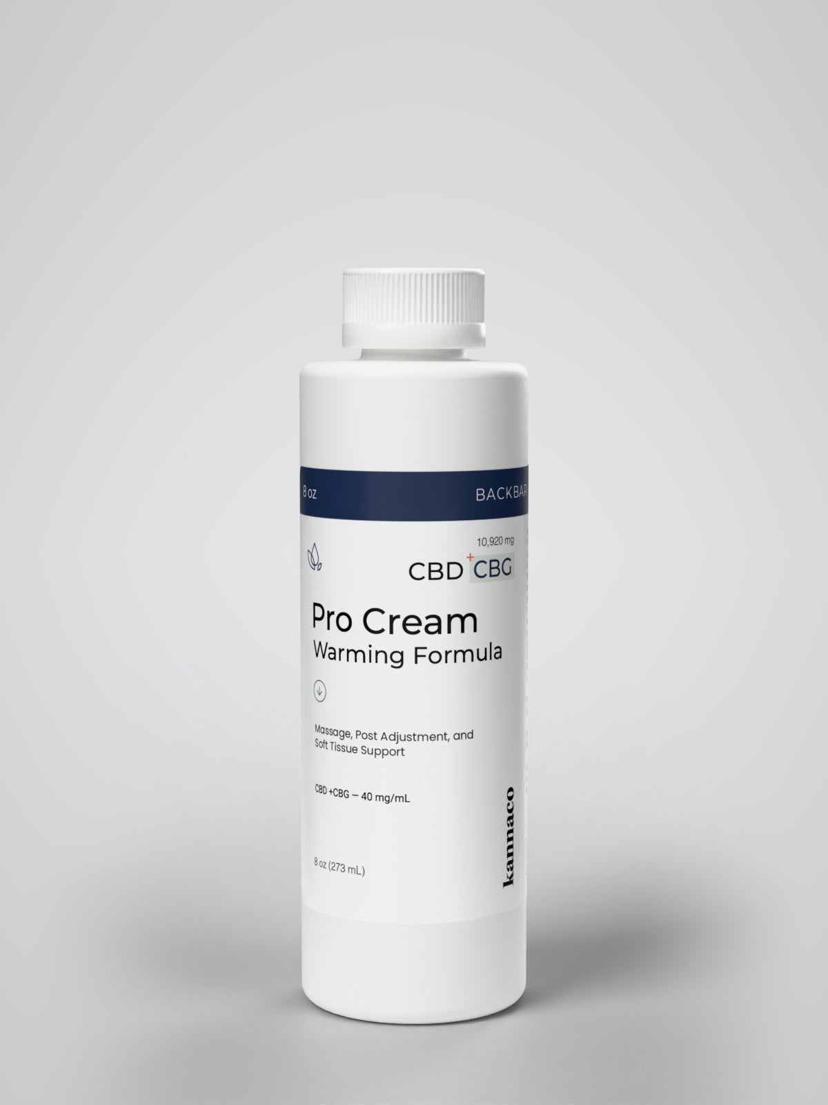 Kannaco Pro Cream Warming Formula 8 oz backbar bottle, front view with cap on