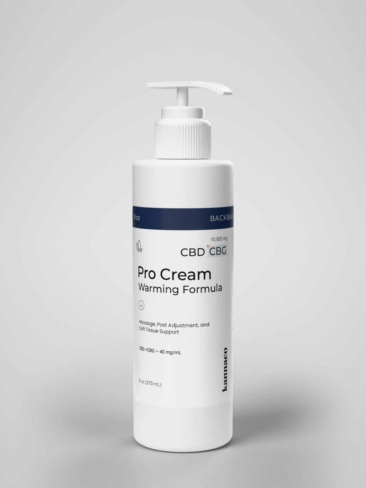 Kannaco Pro Cream Warming Formula 8 oz backbar bottle with the pump fitted and locked down