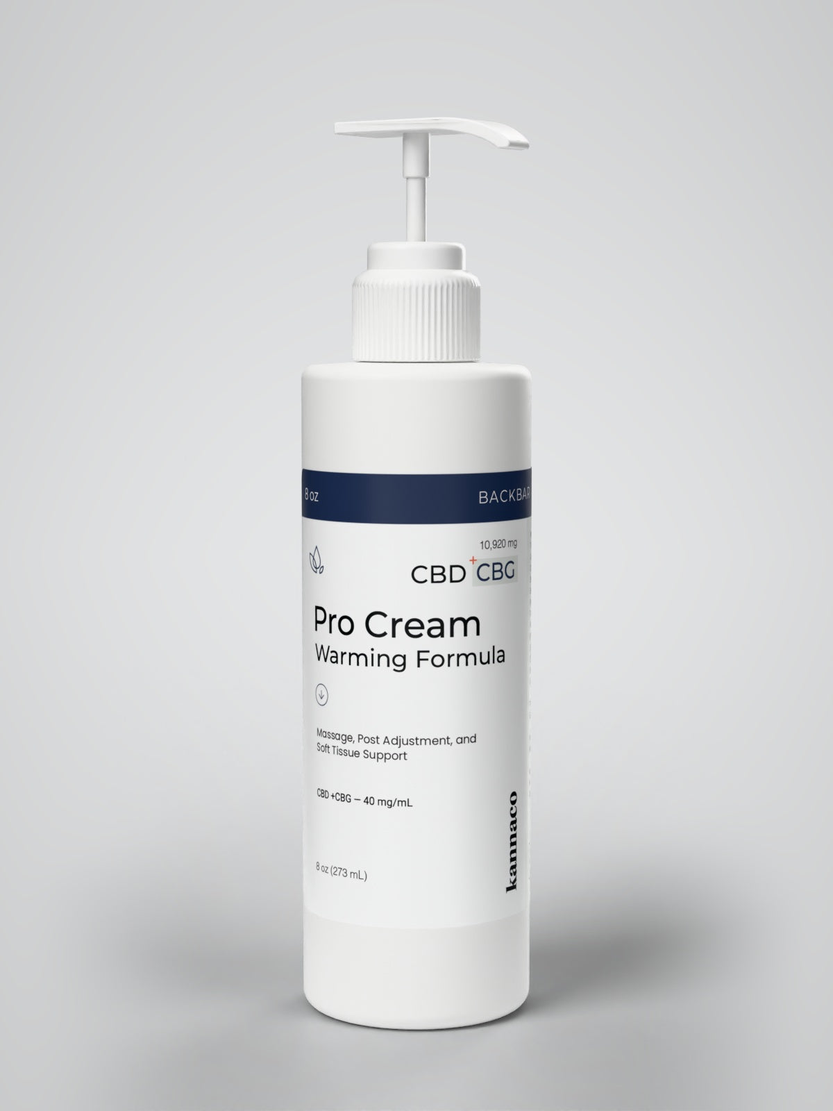 Kannaco Pro Cream Warming Formula 8 oz backbar bottle with the pump fitted and raised