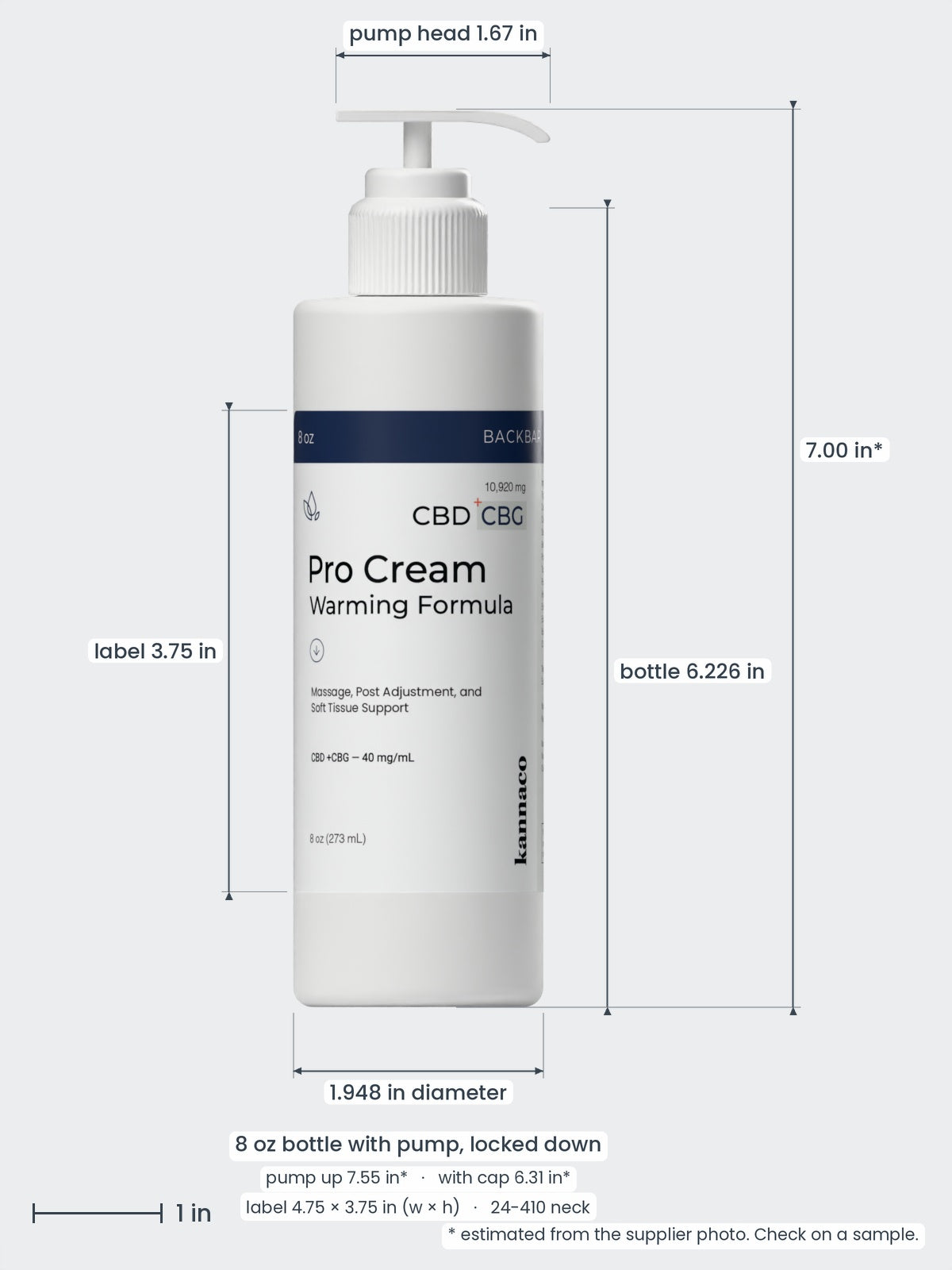 Kannaco Pro Cream Warming Formula 8 oz backbar bottle with dimensions