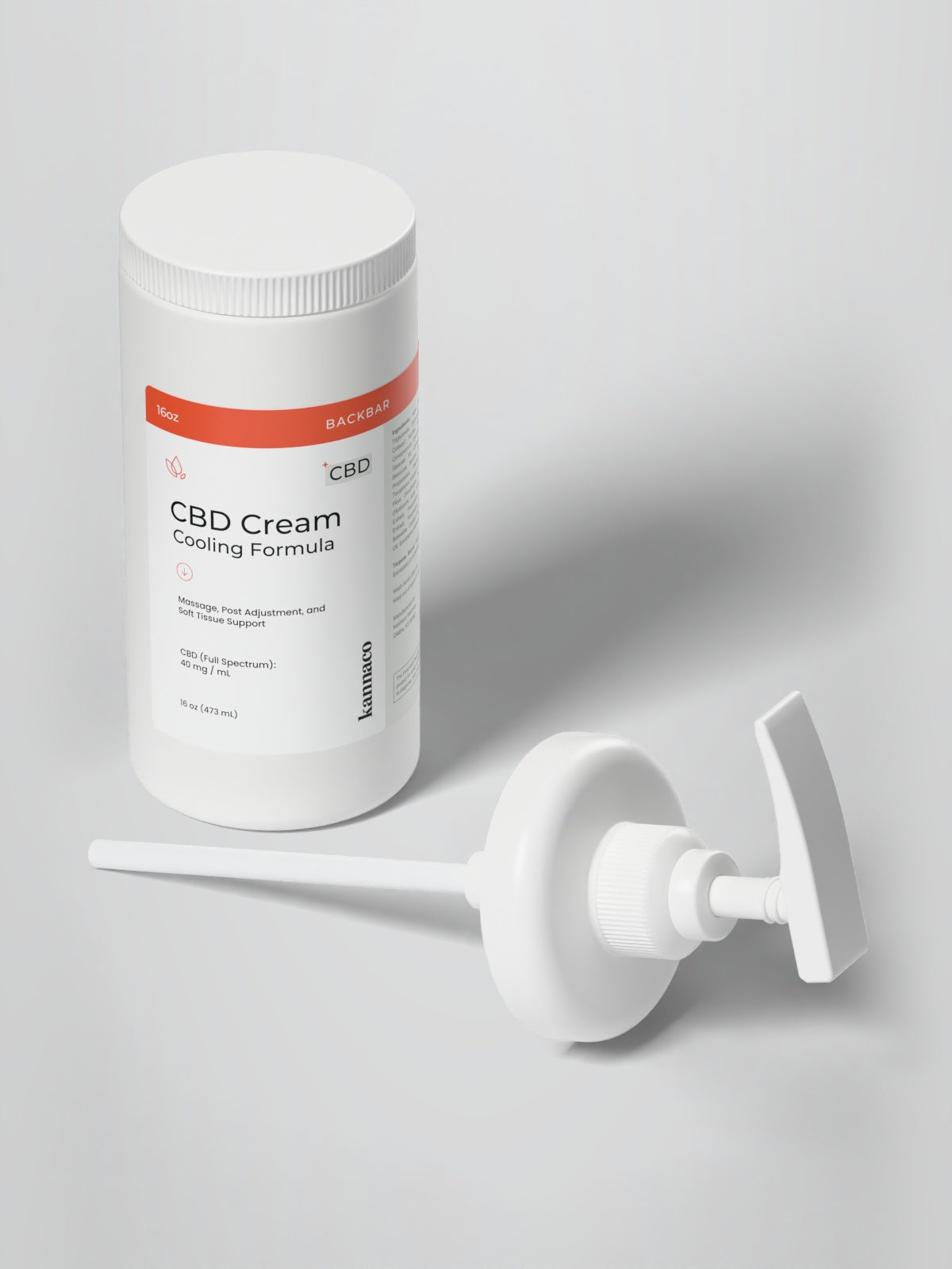 Kannaco CBD Cream Cooling Formula 16 oz backbar jar with the pump assembly beside it
