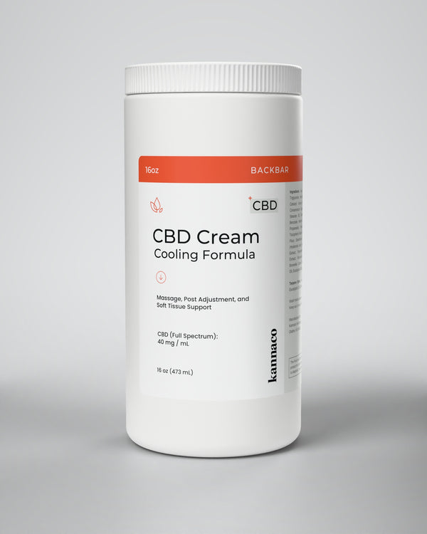 Kannaco CBD Cream Cooling Formula 16 oz backbar jar, front view with lid on