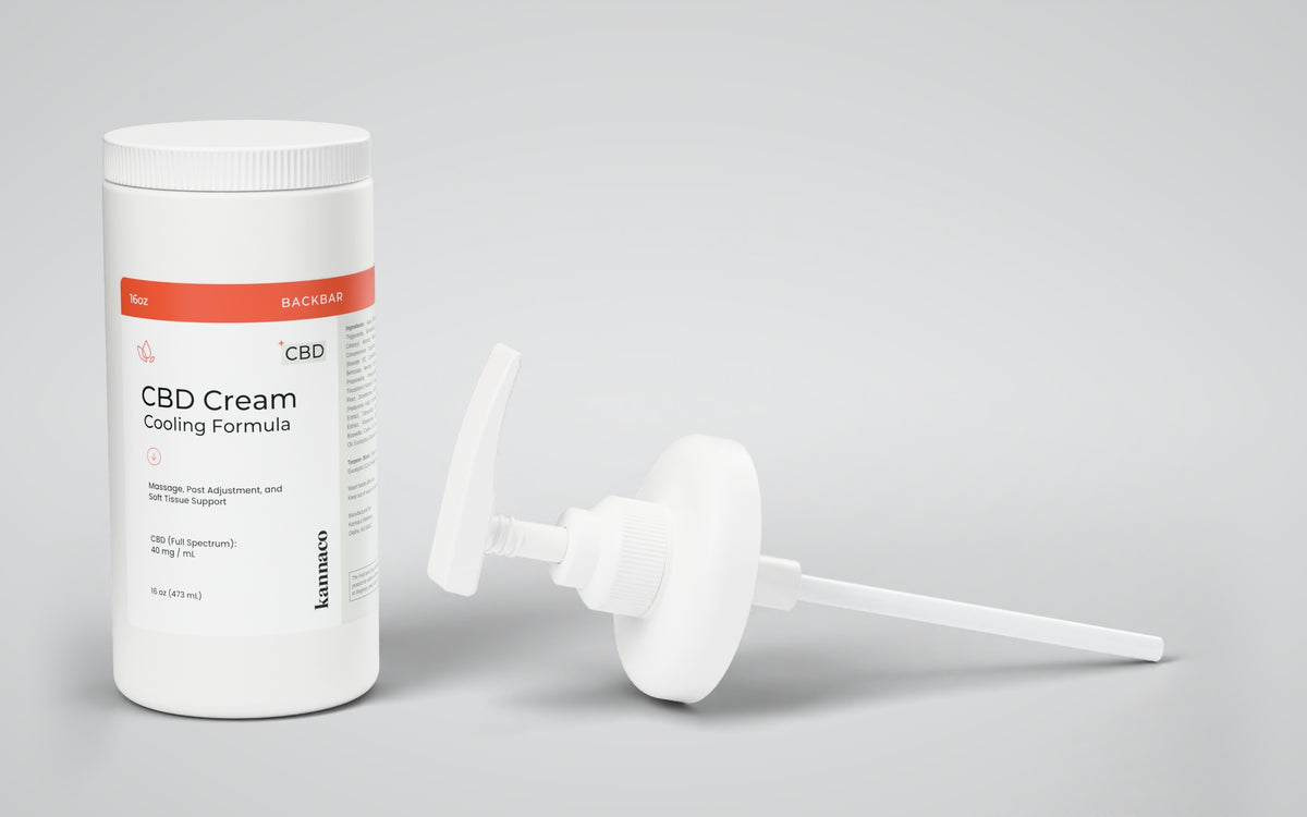 Kannaco CBD Cream Cooling Formula 16 oz backbar jar with lid on, next to the pump assembly