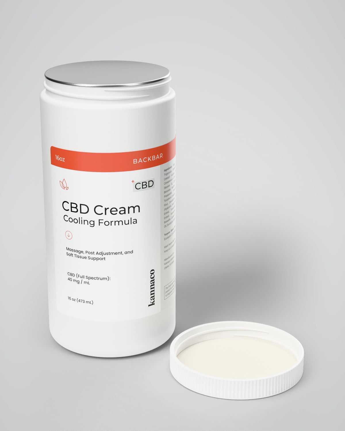 Kannaco CBD Cream Cooling Formula 16 oz backbar jar with the lid off, showing the foil seal