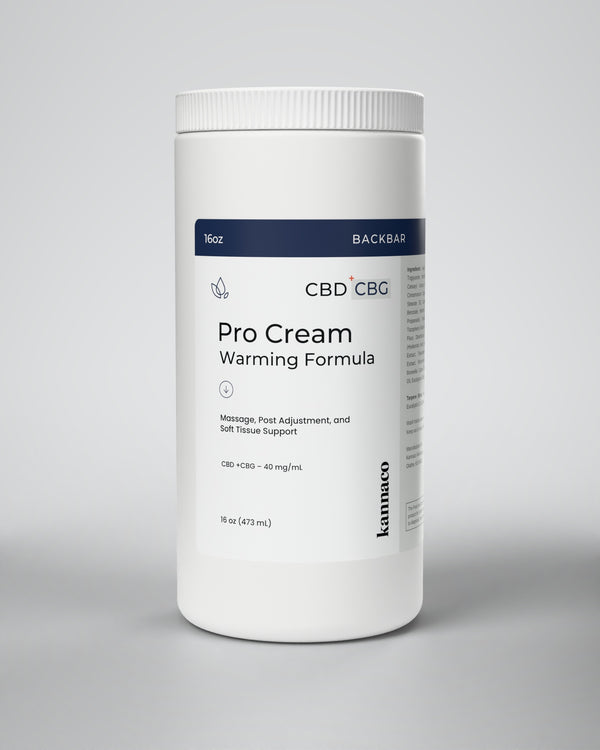 Kannaco Pro Cream Warming Formula 16 oz backbar jar, front view with lid on