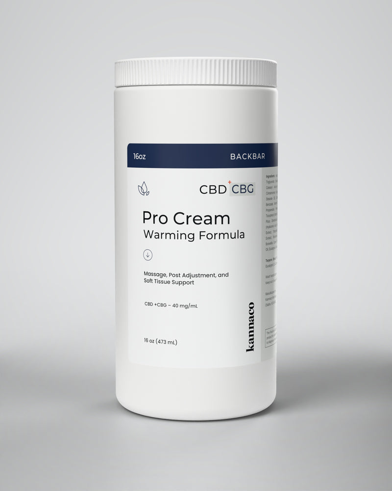 Kannaco Pro Cream Warming Formula 16 oz backbar jar, front view with lid on