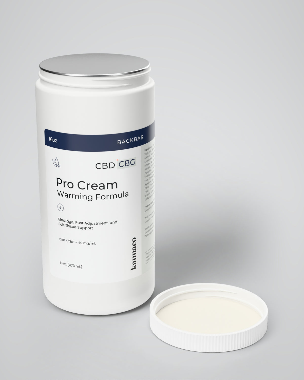 Kannaco Pro Cream Warming Formula 16 oz backbar jar with the lid off, showing the foil seal